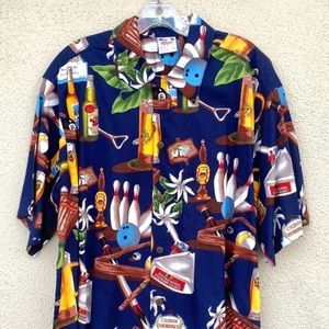 GO BAREFOOT HAWAIIAN shirt bowling print blue mens short sleeve XL tiki tropical